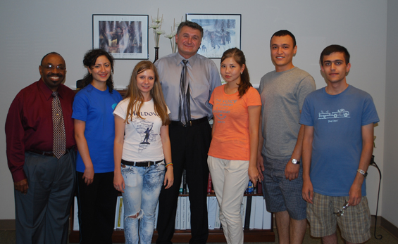 (L-R) Dr. Billy C. Moore, dean of the College of Business, Susanna Movsesyan from Armenia, Ecaterina Dancenco from Moldova, Dr. Gokhan Karahan, director of the Center for Economic Education and Research, Akzer Yeshmukhanbetova from Kazakhstan, Sirojiddin Aslonov from Uzbekistan, and Davit Stepanyan from Armenia.